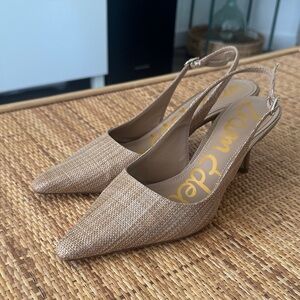 Sam Edelman Beige Textured Slingback Kitten Heel Pumps